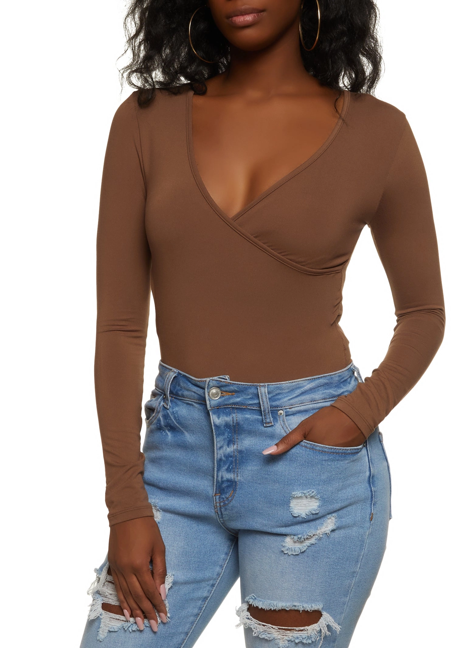 Body Contour Faux Wrap Long Sleeve Bodysuit