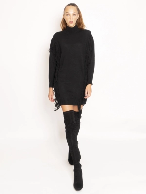 Knitted Dress with Fringes - Black