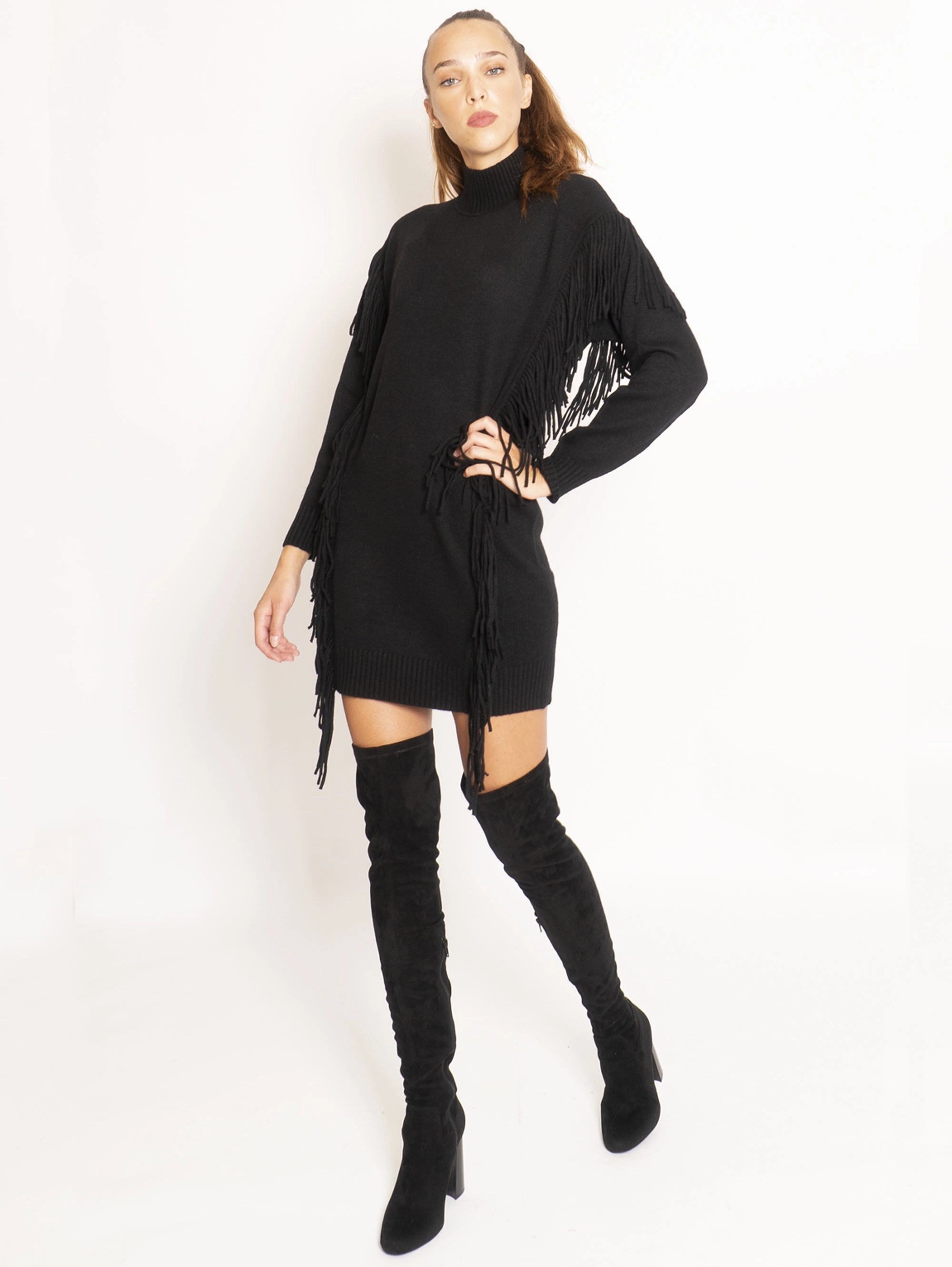 Knitted Dress with Fringes - Black