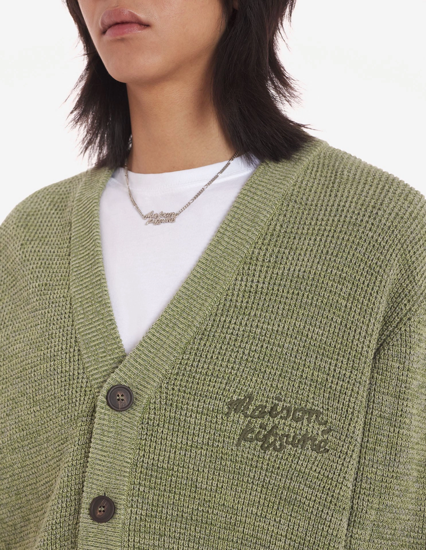 Men's Maison Kitsune Handwriting Comfort Cardigan Khaki Green Melange