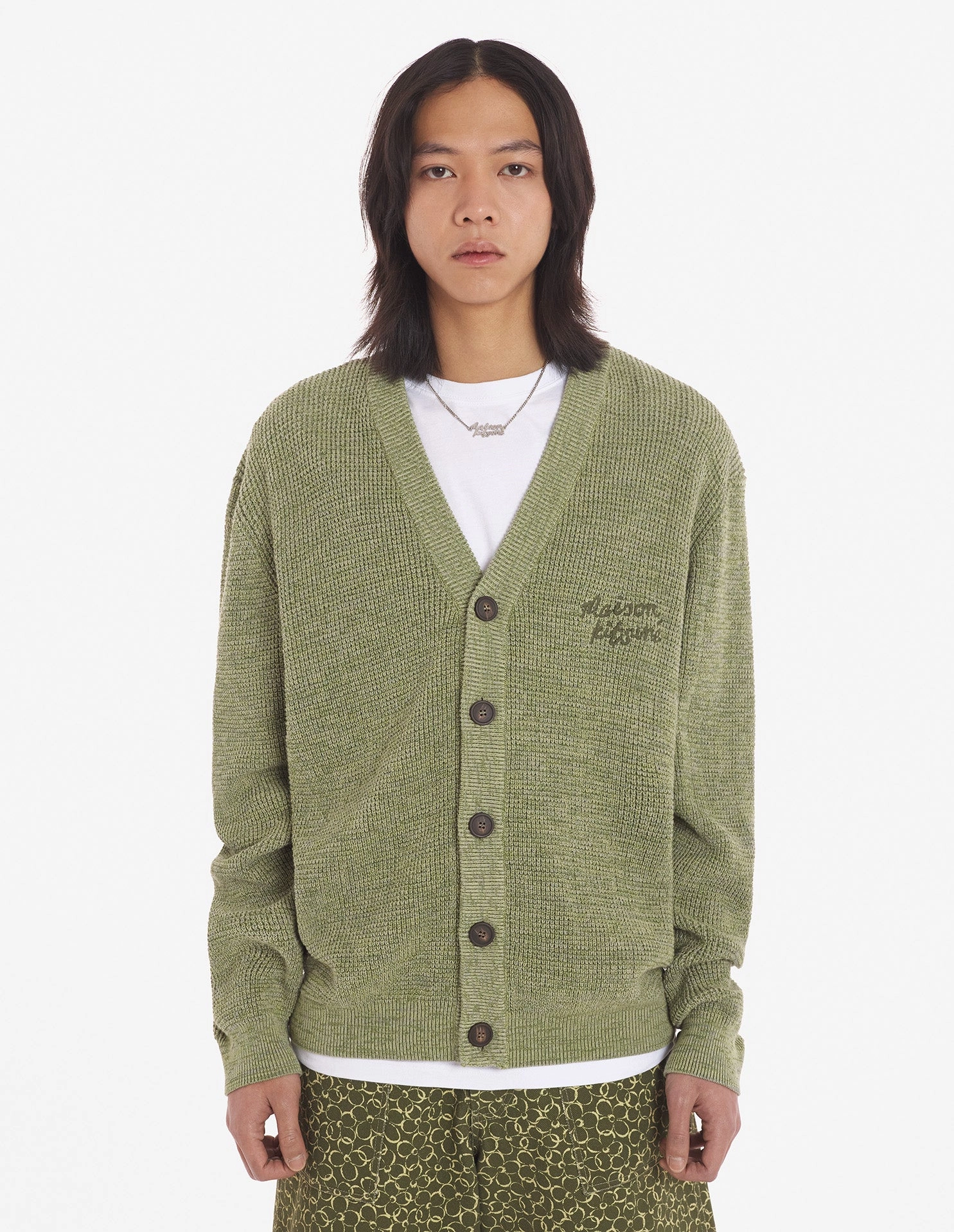 Men's Maison Kitsune Handwriting Comfort Cardigan Khaki Green Melange