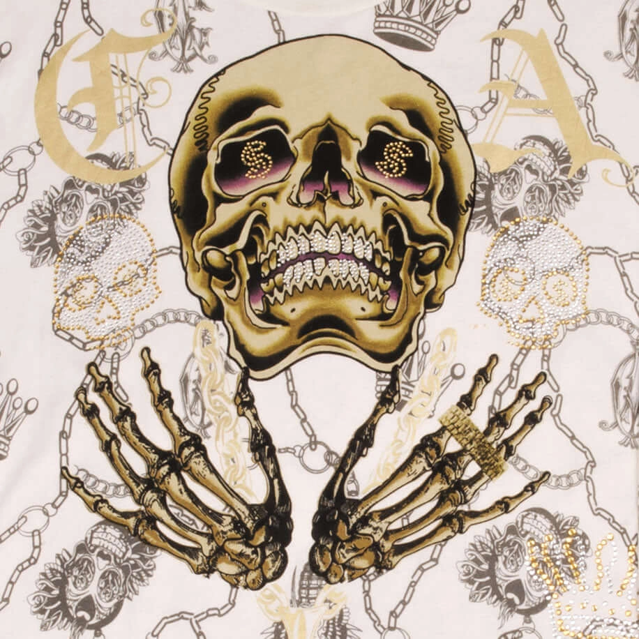VINTAGE CHRISTIAN AUDIGIER RHINESTONES SKULL LONG SLEEVE TEE SHIRT 2000S LARGE