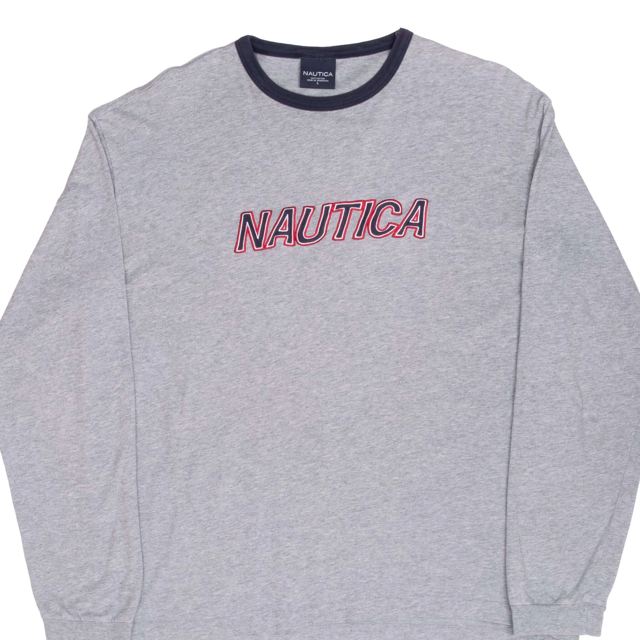 VINTAGE NAUTICA EMBROIDERED GREY LONG SLEEVE TEE SHIRT 2000S LARGE